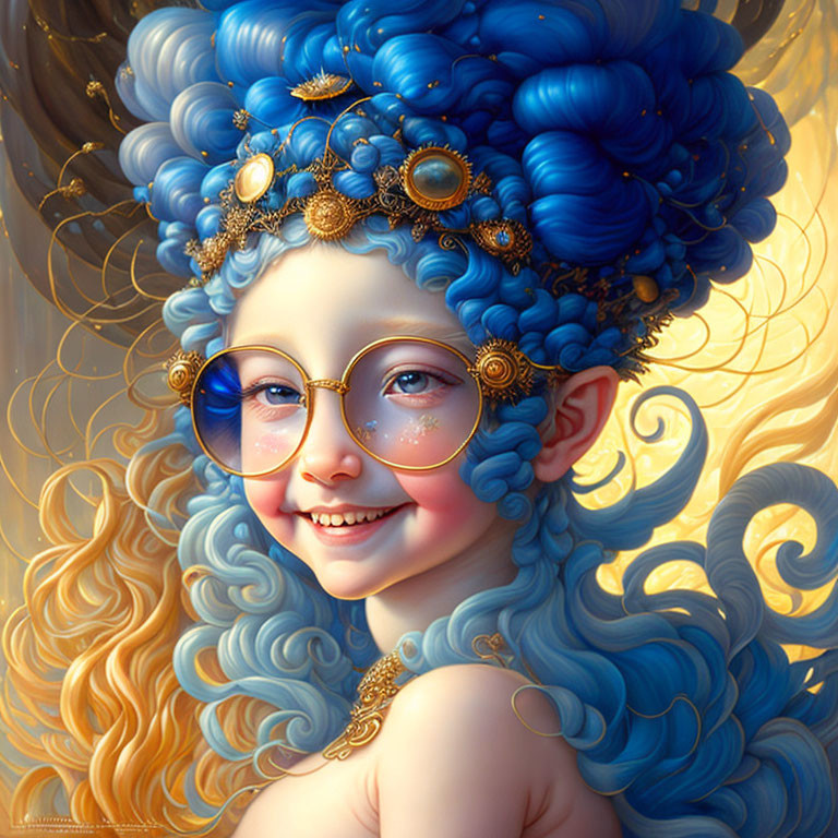Illustration of young girl with blue curly hair and gold ornaments, smiling in gold glasses.