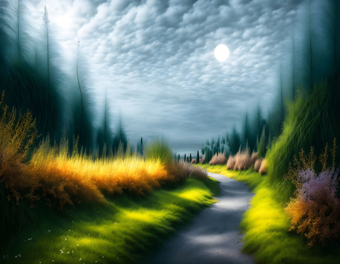 Tranquil landscape with winding path, lush greenery, cloudy sky, and bright full moon.