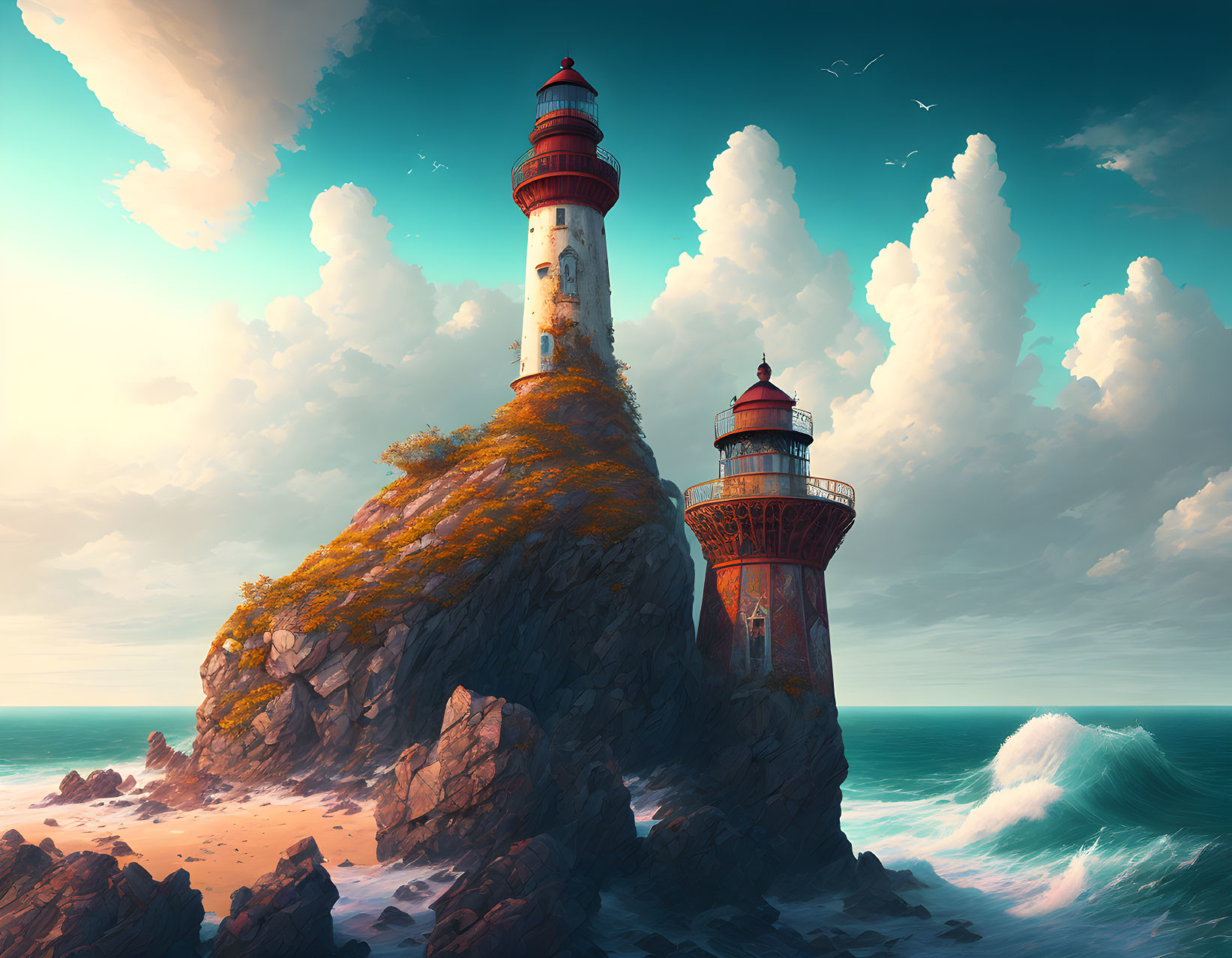 Two lighthouses on rocky outcrops with crashing waves and fluffy clouds
