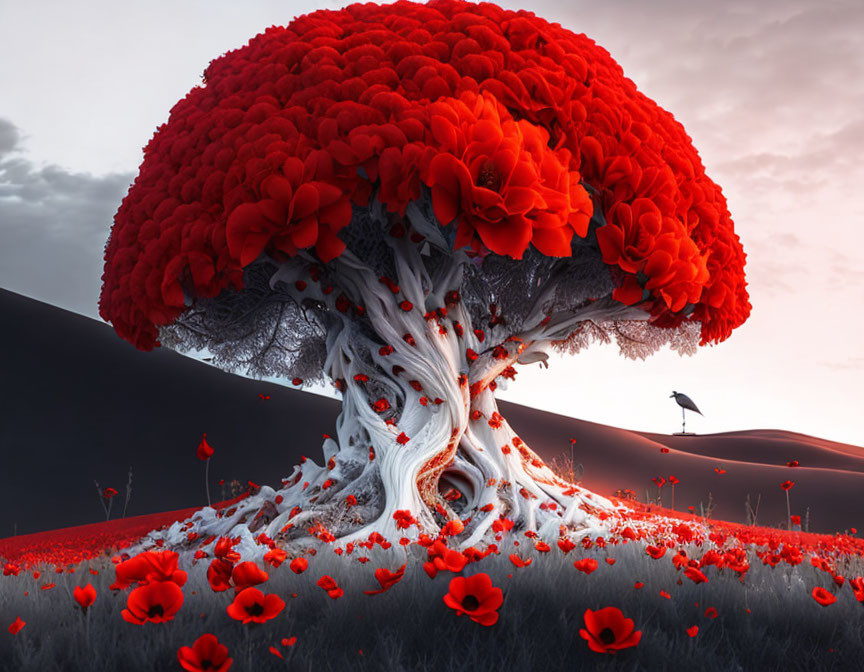 Surreal image: Large tree with red canopy, white trunk, red flowers, against red sky