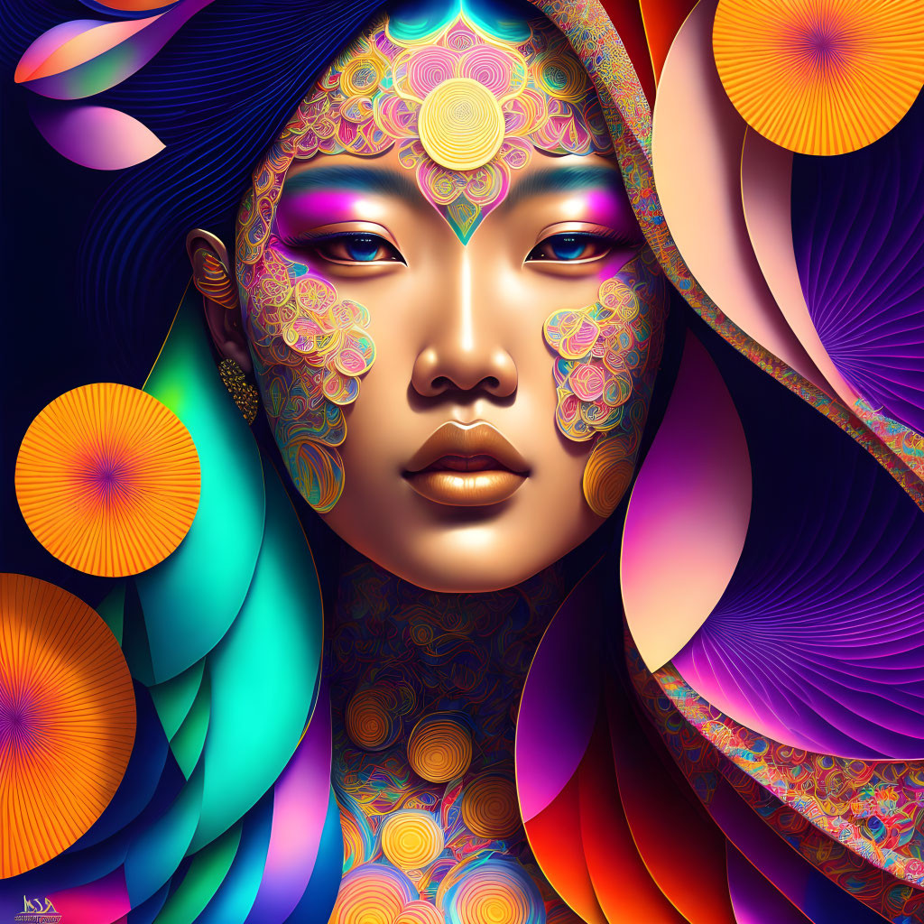 Vibrant digital artwork: Woman with patterned face paint among stylized floral shapes