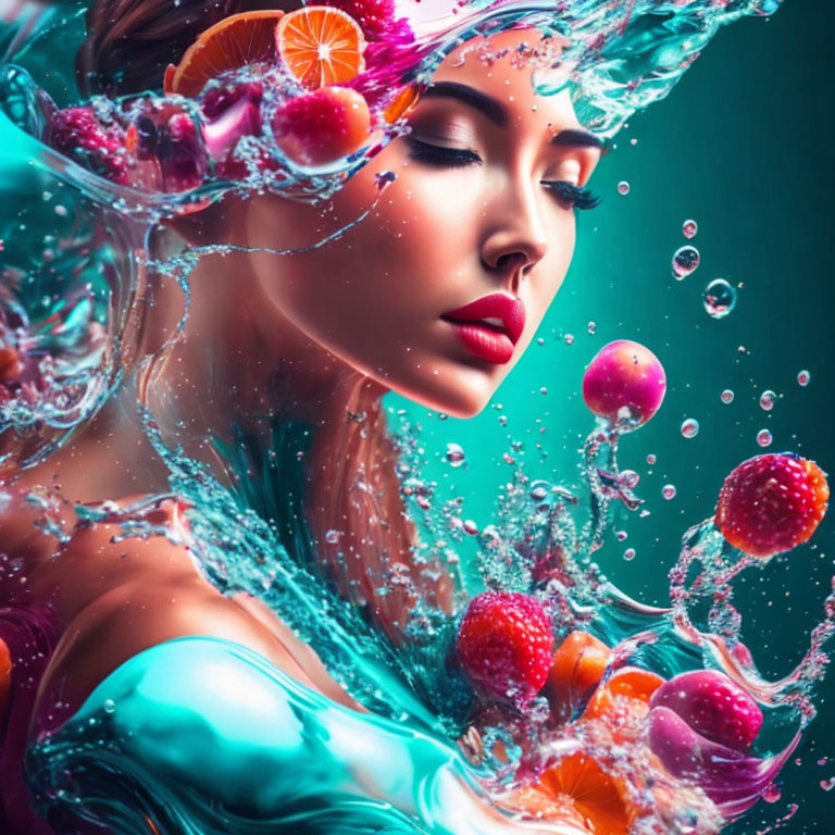 Woman submerged in water with floating fruits and dynamic splashes