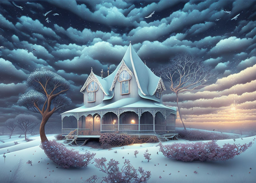 Victorian house in snowy landscape with pastel sunset