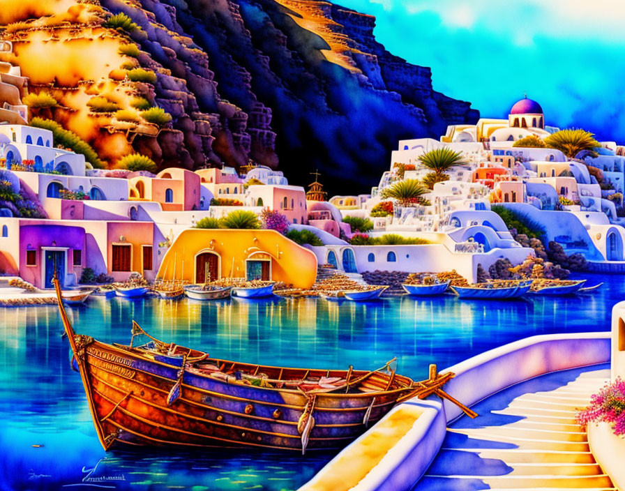 Colorful Greek coastal village art: buildings, blue domes, boat, sea, cloudy sky.