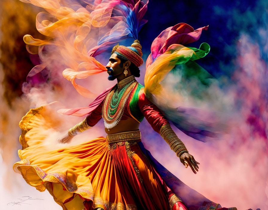 Traditional Indian attire dance performance with swirling colorful fabric in vibrant smoke