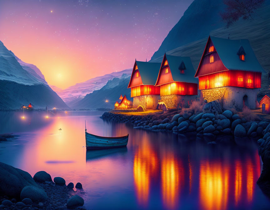Twilight scene: Houses, lake, mountains, boat under starry sky