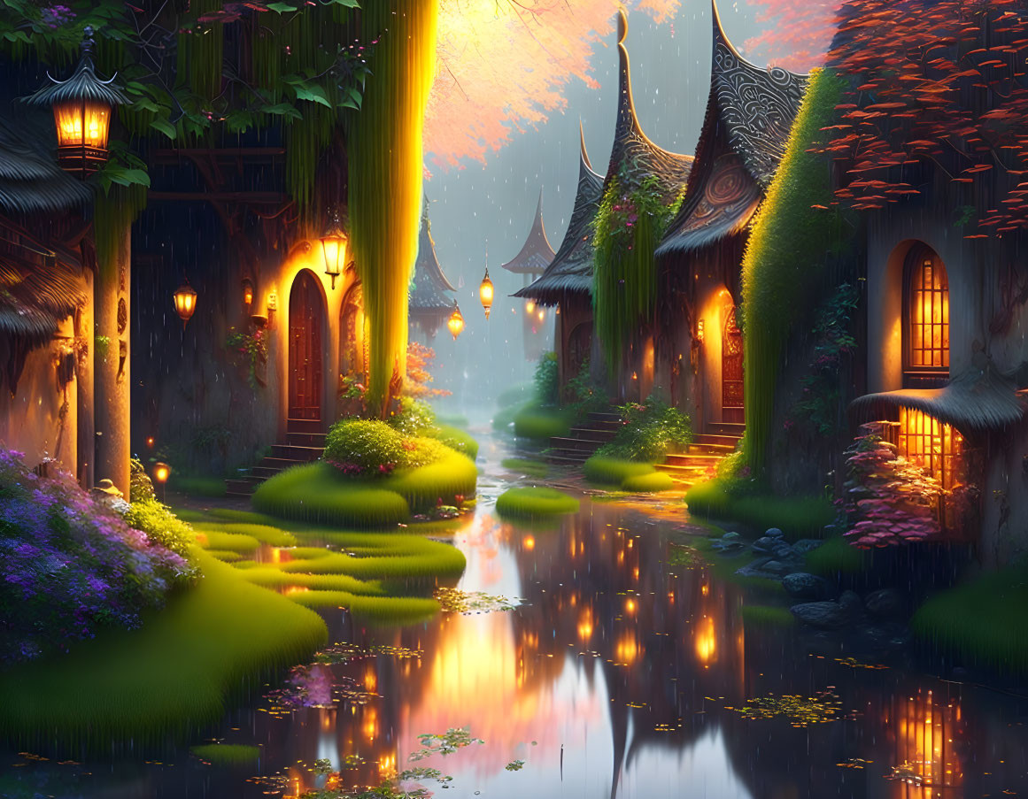 Enchanting fantasy village with traditional houses and glowing lanterns