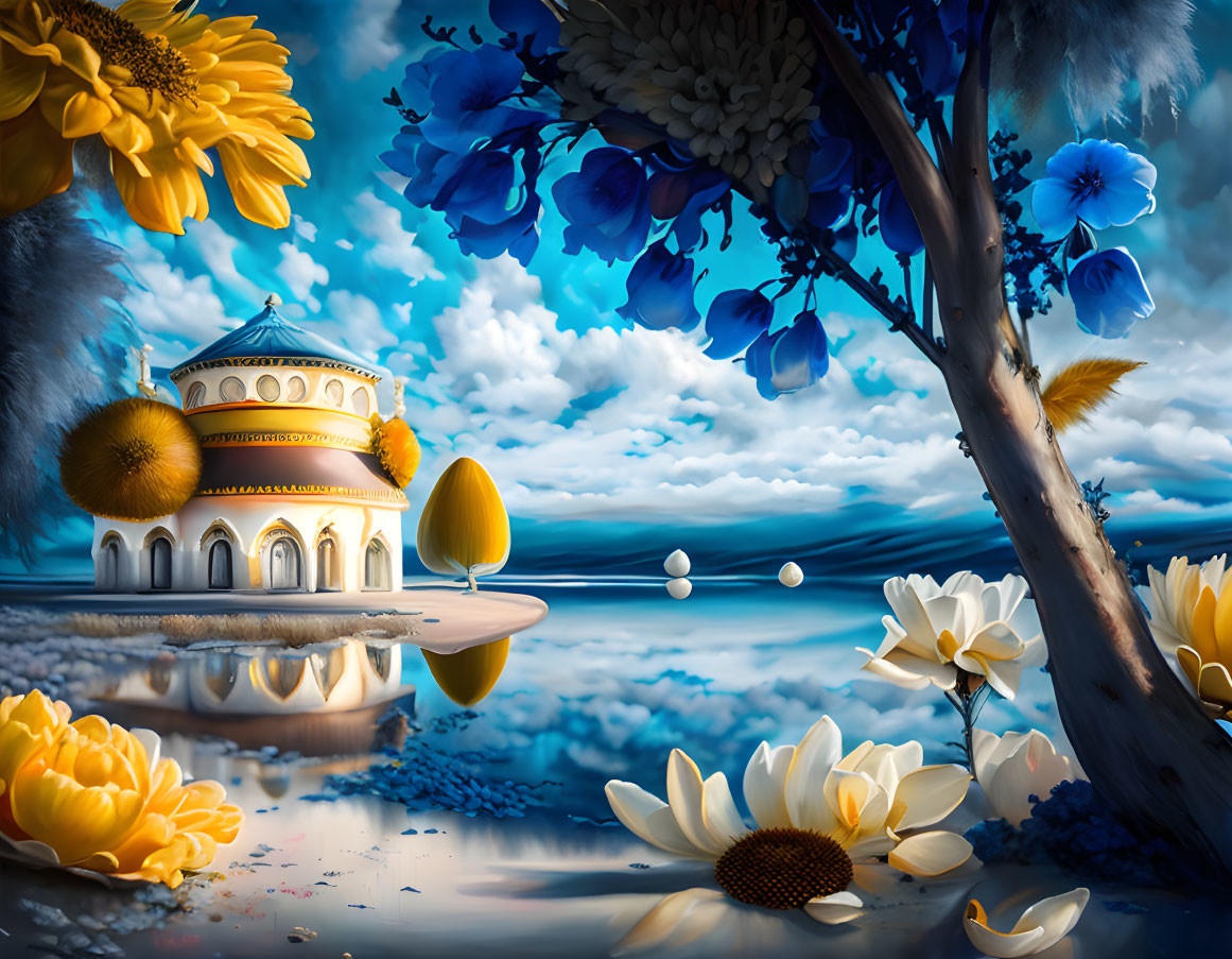 Fantastical landscape with vibrant flowers and whimsical building on an island