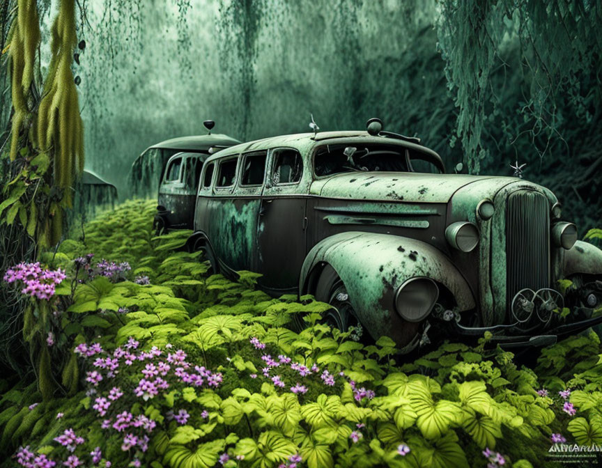 Overgrown landscape with vintage cars, greenery, purple flowers, weeping willows