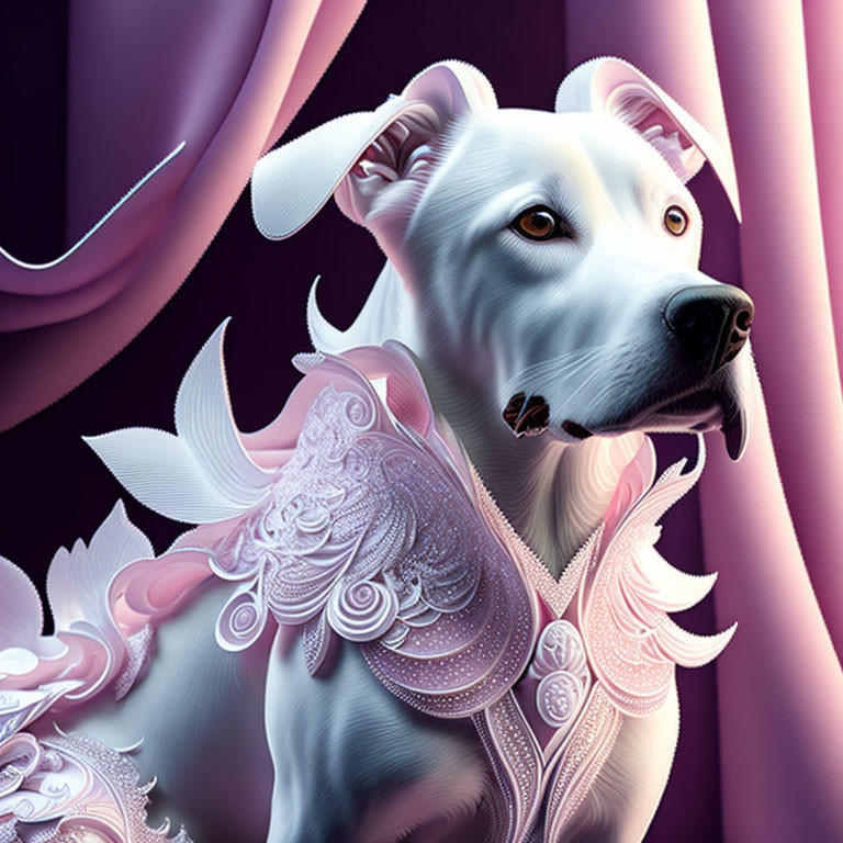 Stylized white dog in pink and white armor on purple background