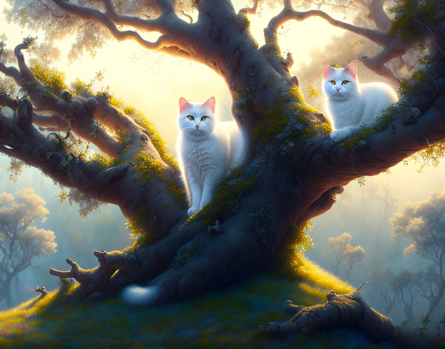 White cats with blue eyes on ancient tree in foggy forest.