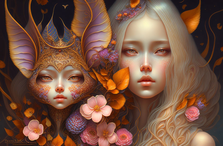 Ethereal female figures with golden headpieces and autumnal motifs