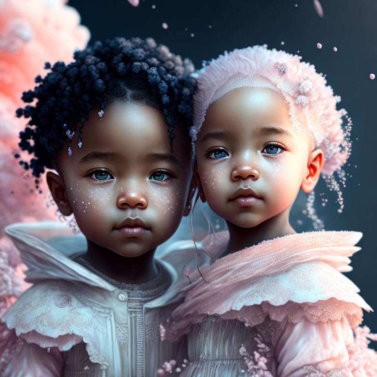 Illustrated children with contrasting expressions in soft pink blossoms