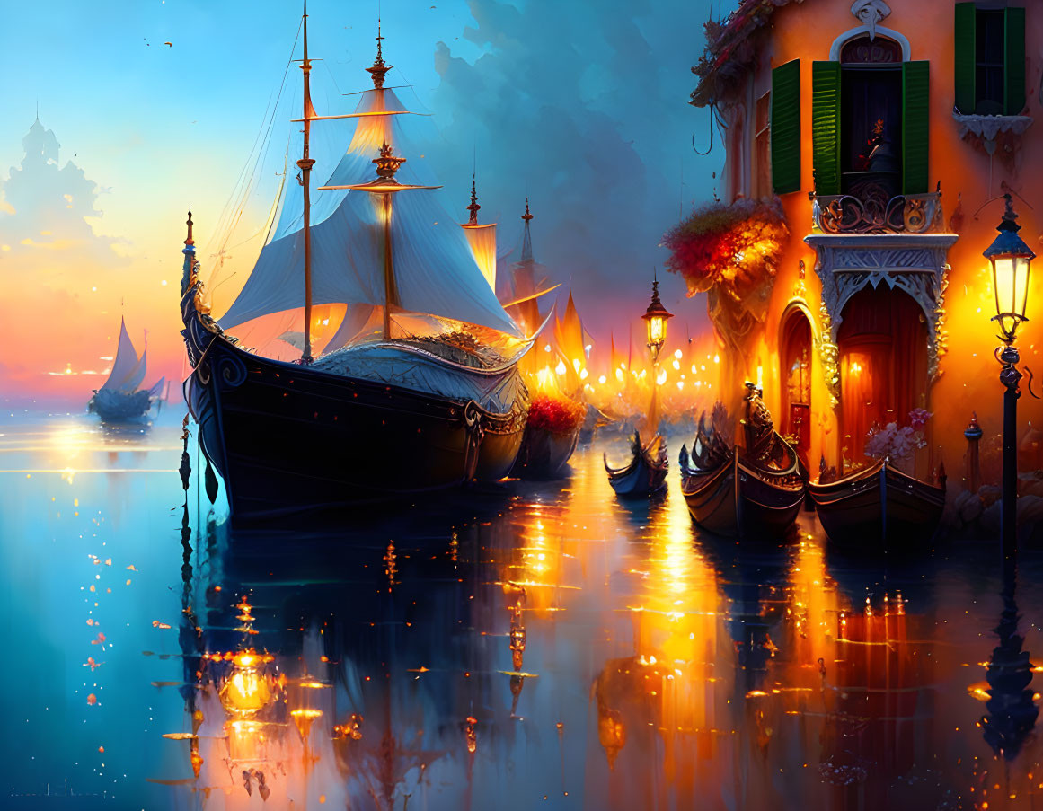 Vibrant Venetian dusk scene with gondolas, sailing ship, lanterns, and