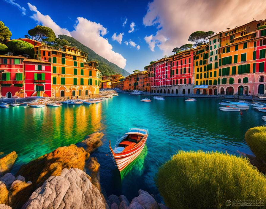Vibrant harbor scene with colorful buildings and boats under blue sky