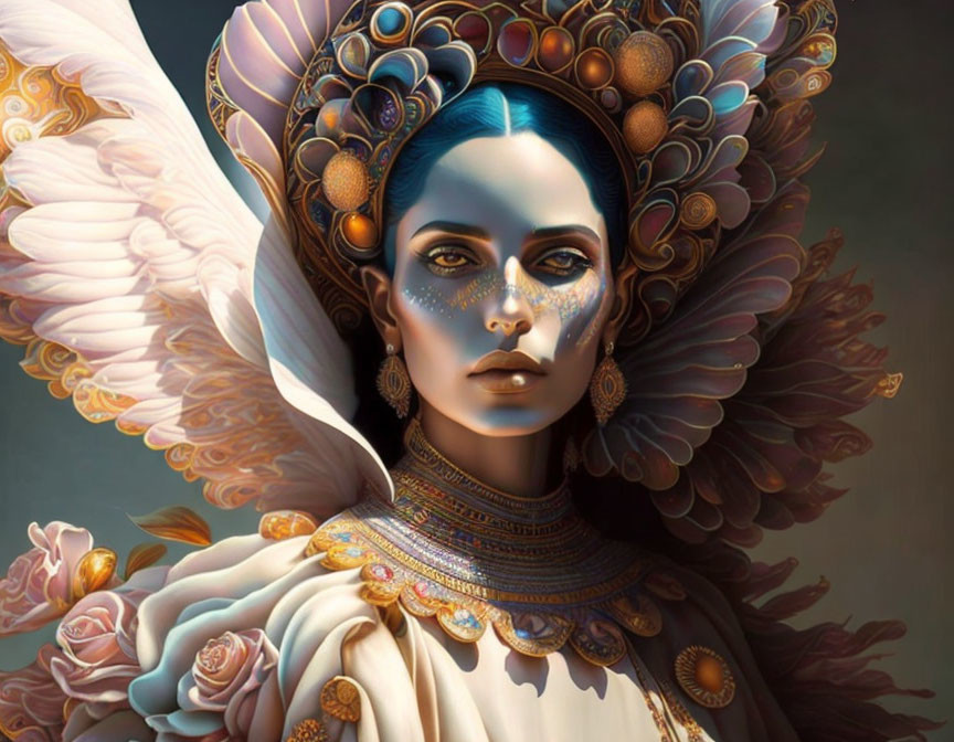 Blue-skinned woman with golden headpiece and feathered wings in floral setting.