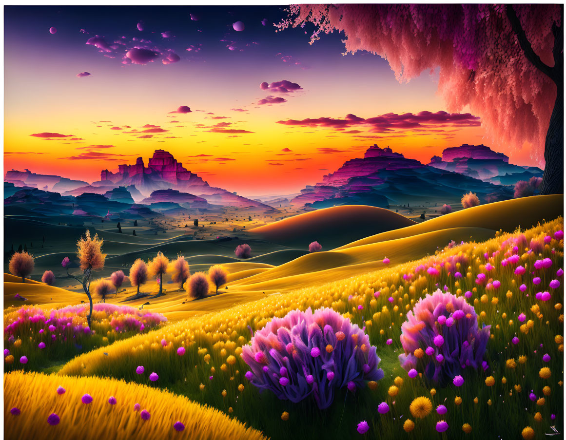 Colorful landscape with yellow hills, purple flowers, tree, rocks, and sunset sky.