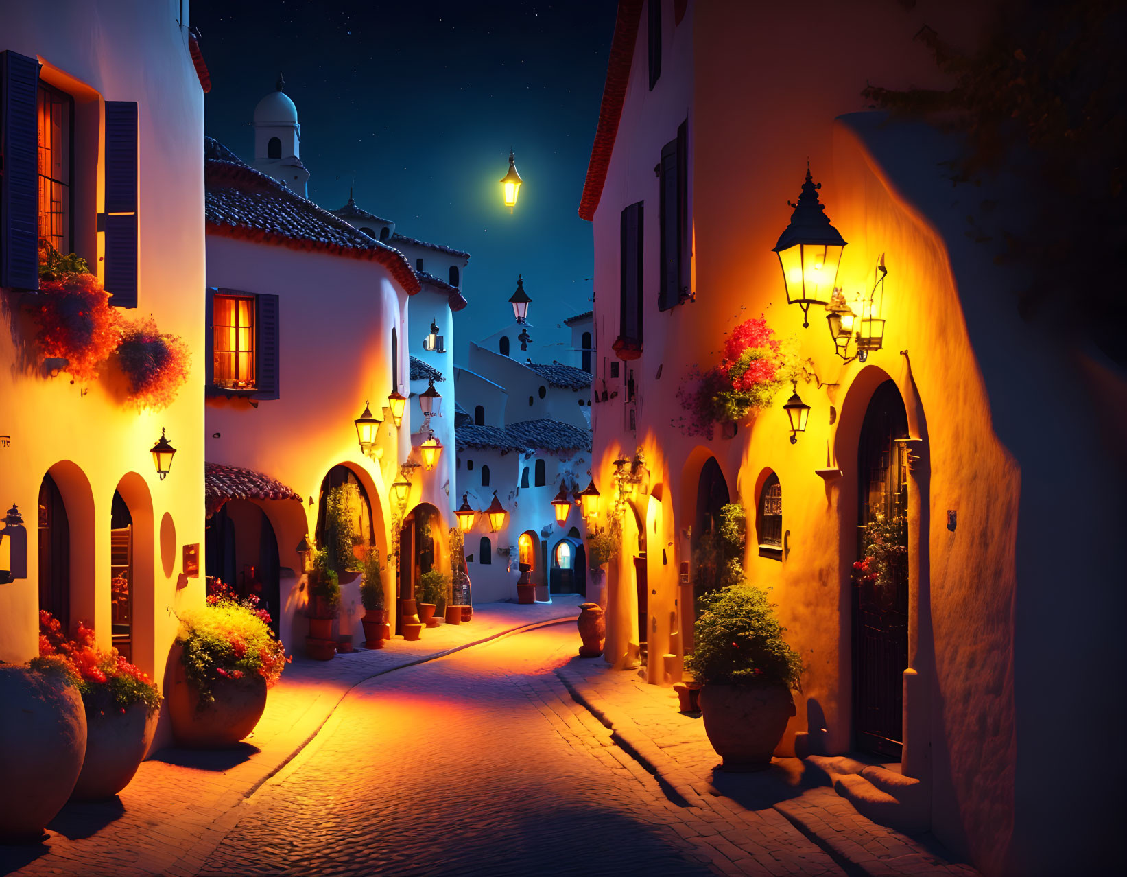 Charming alley night scene with cobblestone pavement and old-fashioned street lamps