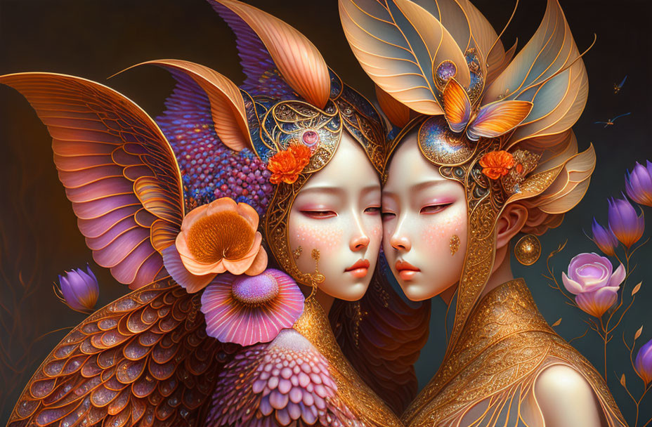 Ethereal beings with birdlike features in gold and purple adornments