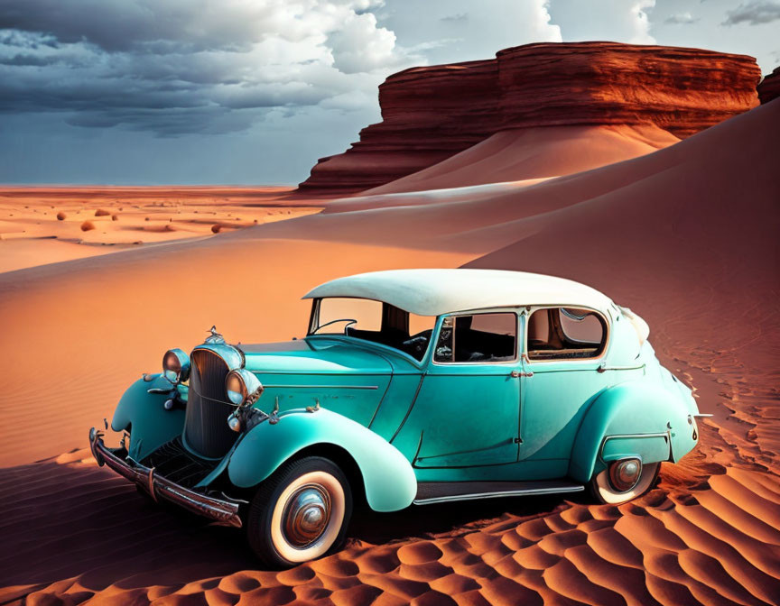 Vintage Car Parked in Desert with Red Sand Dunes and Rock Formation at Dusk