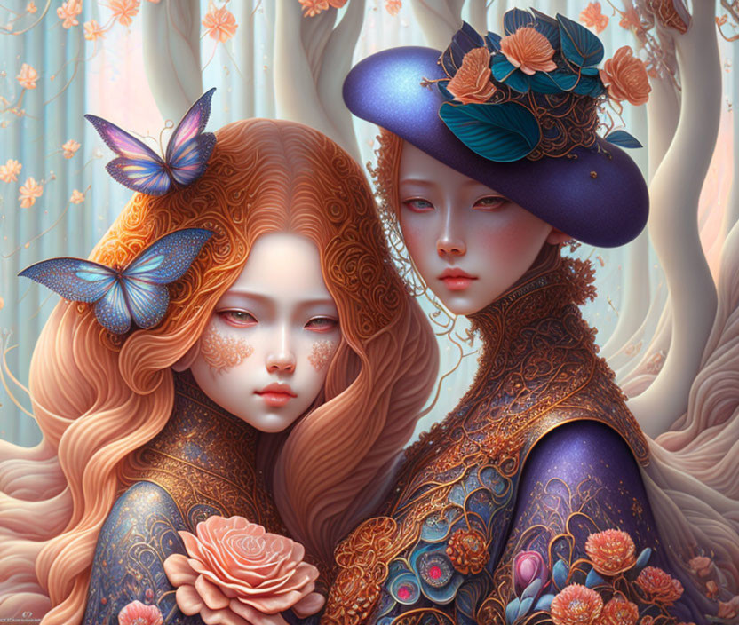 Stylized female figures with elaborate hairstyles, butterflies, and floral motifs in fantasy setting