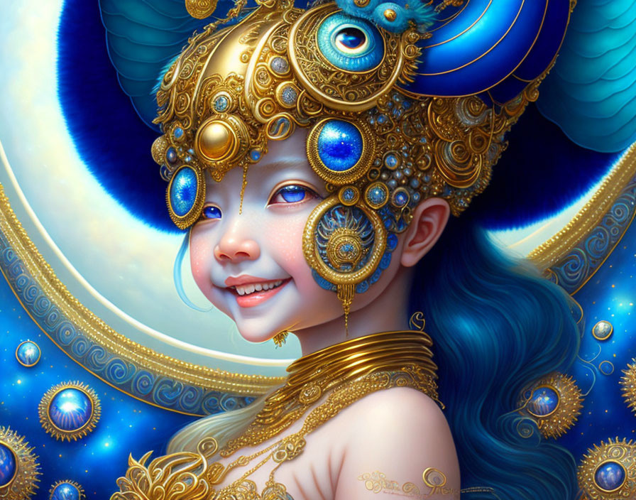 Mythical female with blue hair and golden headgear in celestial setting