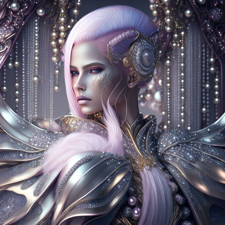 Fantastical female figure in lavender hair and silver armor