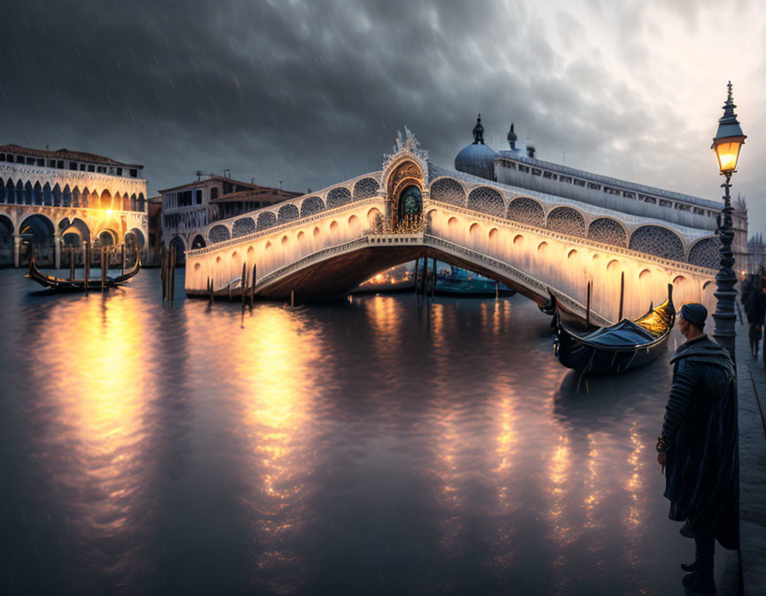Venice Canal at Dusk: Rialto Bridge and Gondola in Rainy Evening