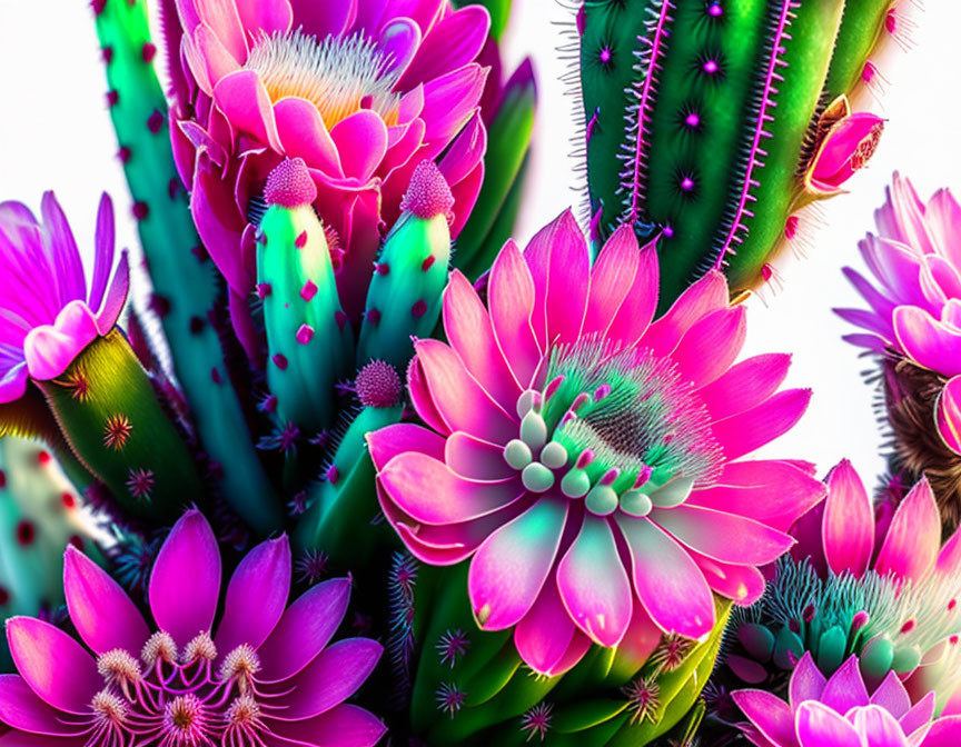 Pink cactus flowers blooming among green cacti on white background