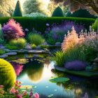 Fantastical landscape with pond, greenery, magical trees, and glowing chapel