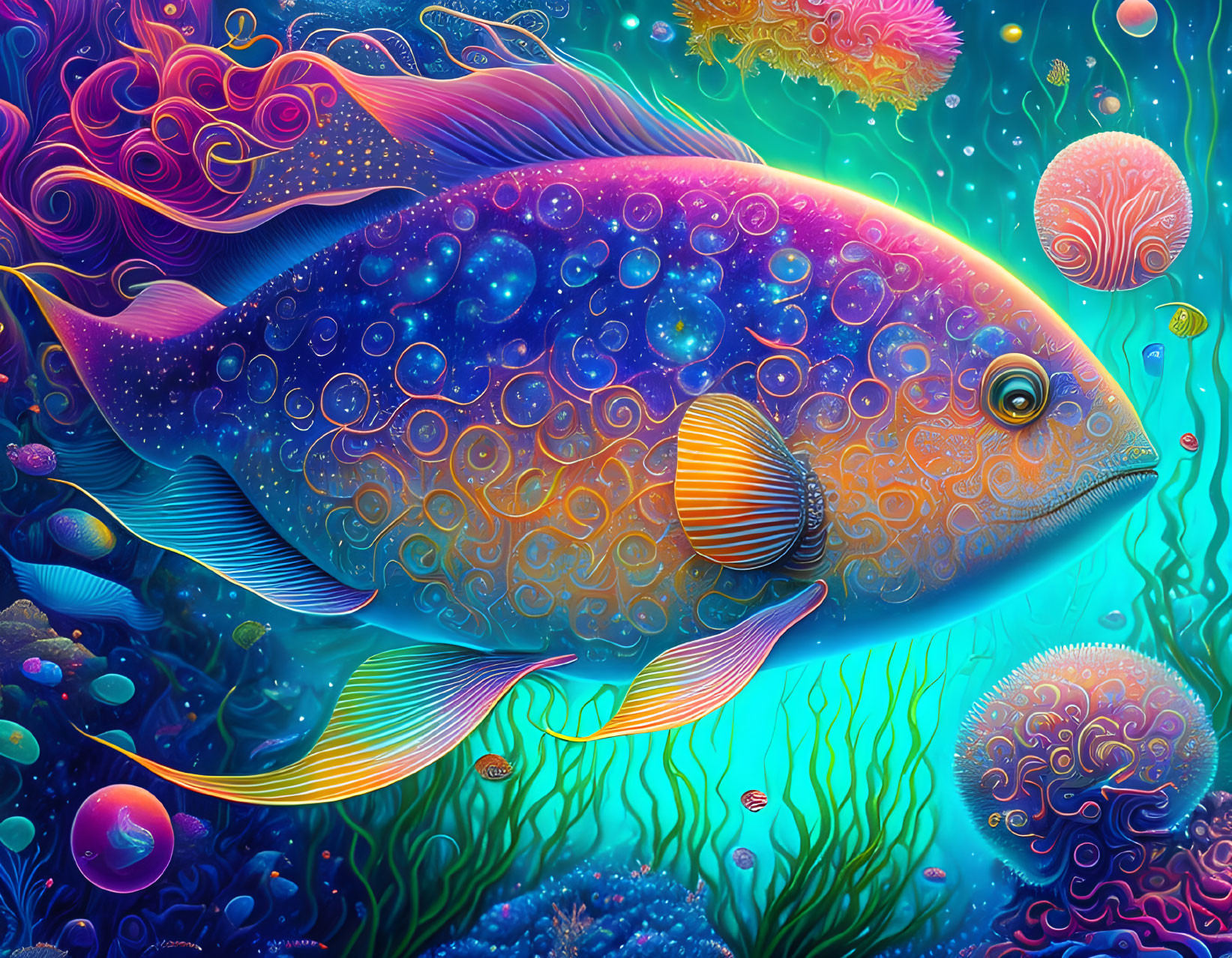 Colorful Psychedelic Fish Illustration with Coral and Jellyfish