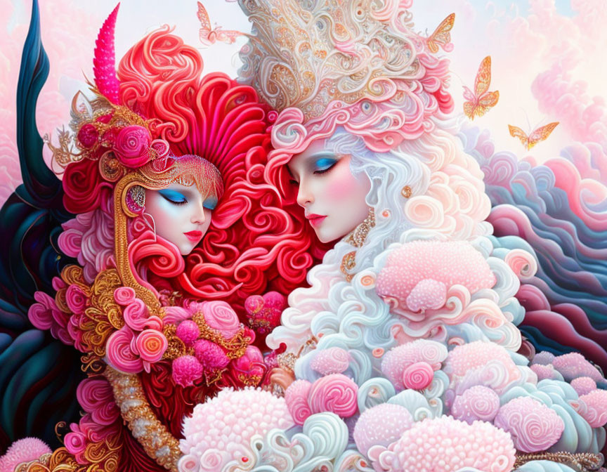 Colorful fantasy artwork: Two stylized figures with elaborate hair in dreamlike setting
