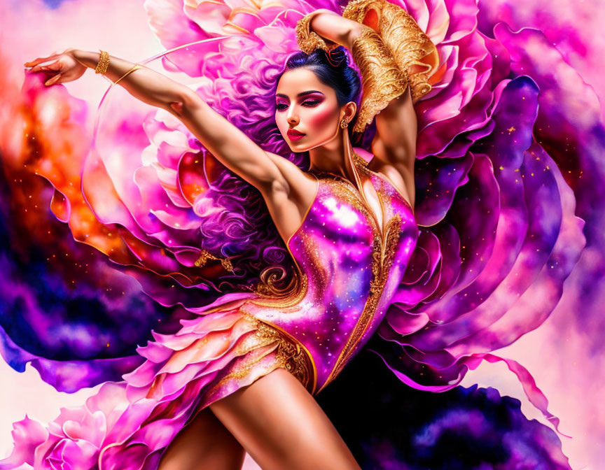 Vibrant woman archer in cosmic attire amid pink and purple flowers