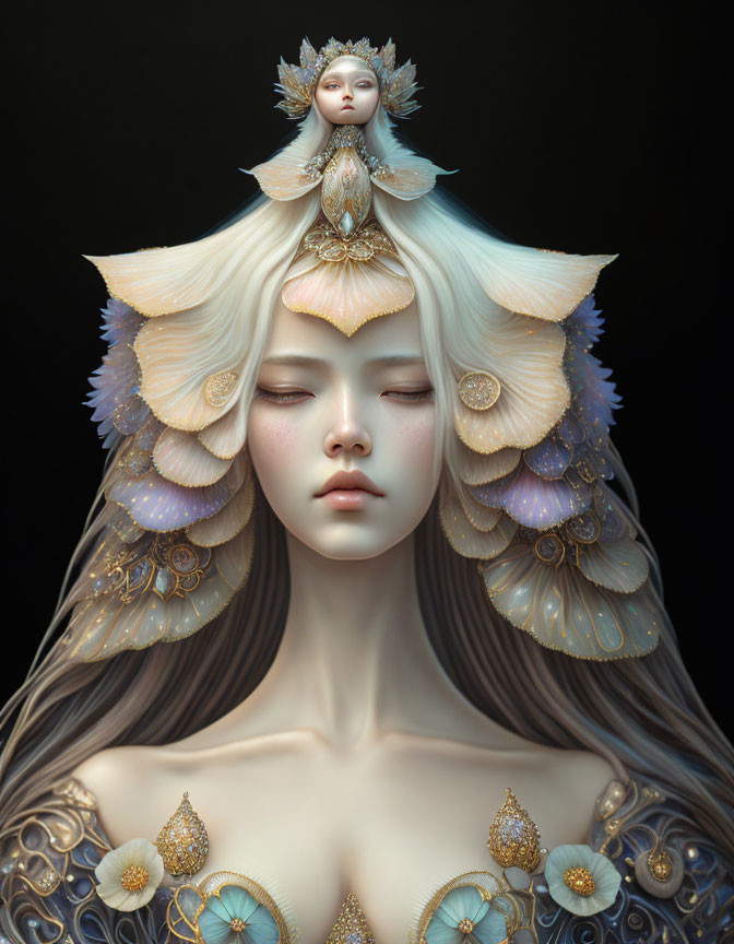 Surreal portrait of female figure with ornate headdress