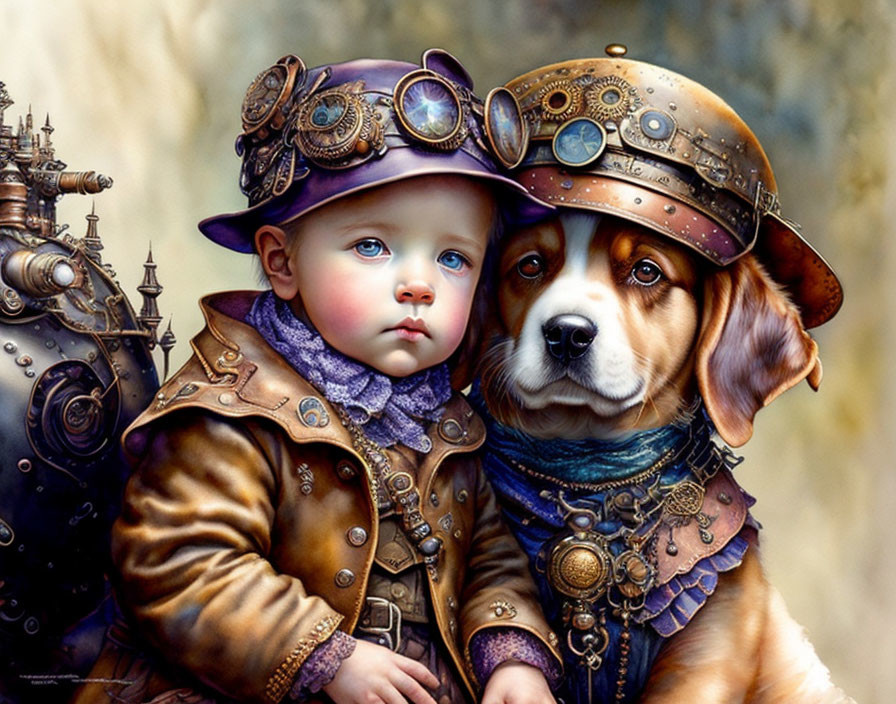 Surreal steampunk artwork with toddler, dog, and fantastical machine