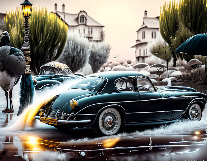 Vintage car on cobblestone road with stork, streetlamp, and umbrella in whimsical scenery