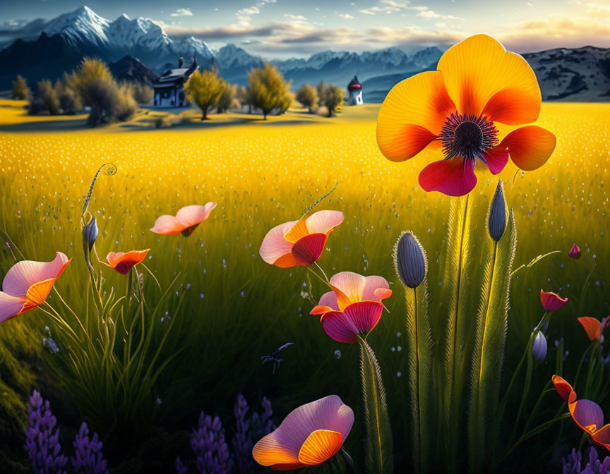 Colorful field of blooming and budding poppies with mountain backdrop and cloudy sky