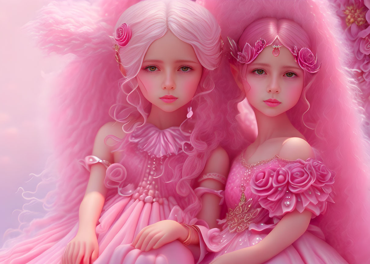 Stylized fantasy characters with pink hair and dresses on pink background