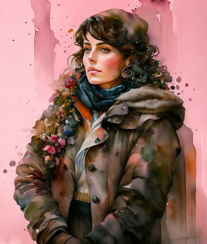 Woman with curly hair in floral coat, scarf, and earrings on pink splattered background