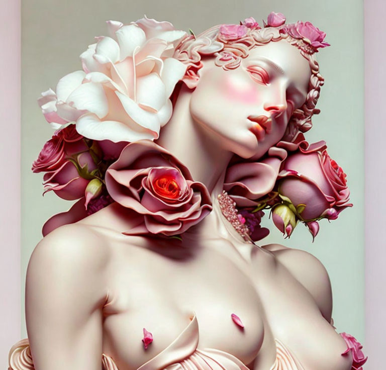 Woman with Flower Hair and Petal-Adorned Skin in Surreal Art
