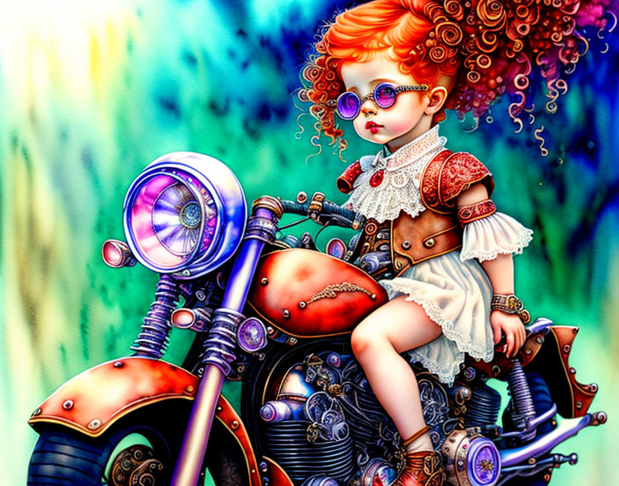 Illustration of young girl with red hair and sunglasses on colorful vintage motorcycle