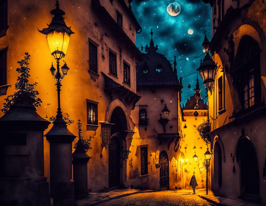 Old European Alley at Night: Glowing Lamps, Starry Sky, Full Moon