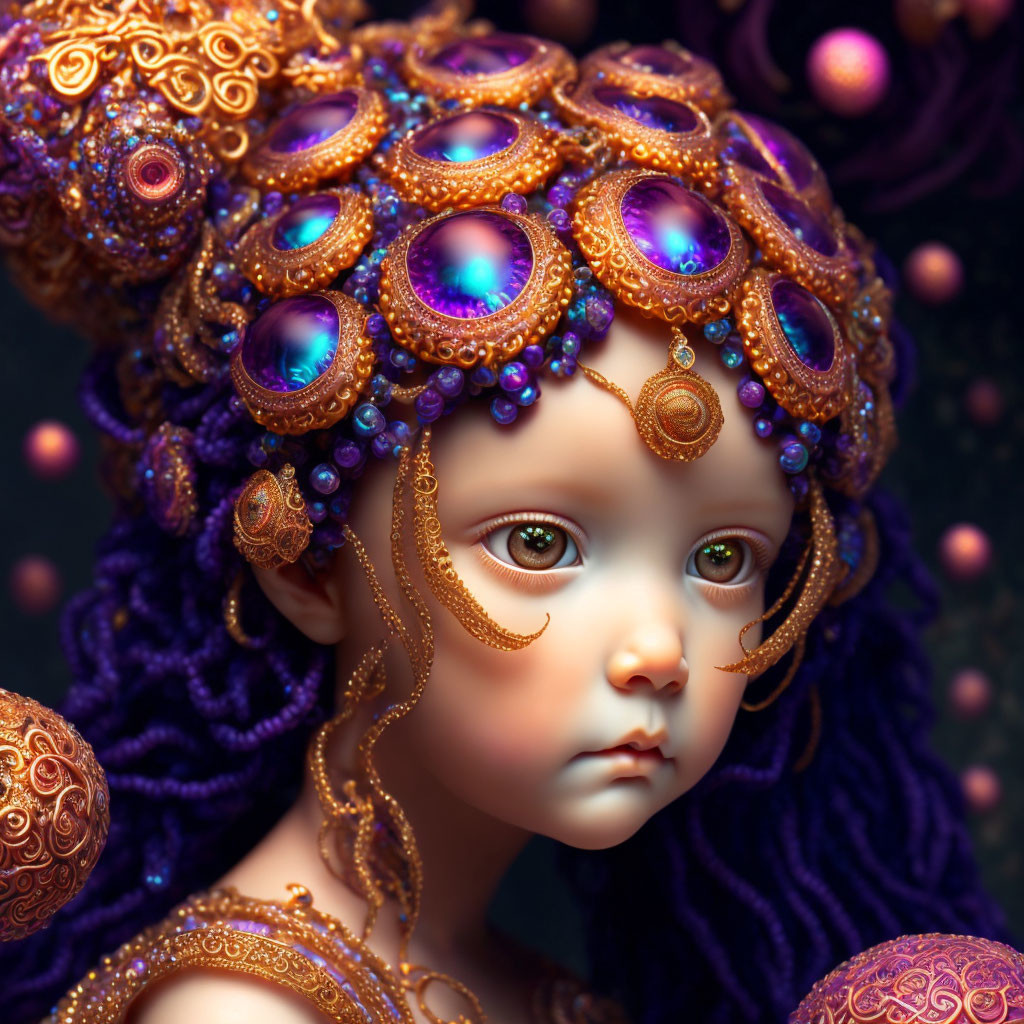 Detailed digital artwork: Child with purple and gold head adornments on dark background