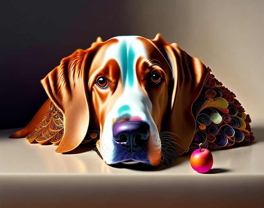 Colorful digital artwork: exaggerated dog features with vibrant patterns, beside red ball