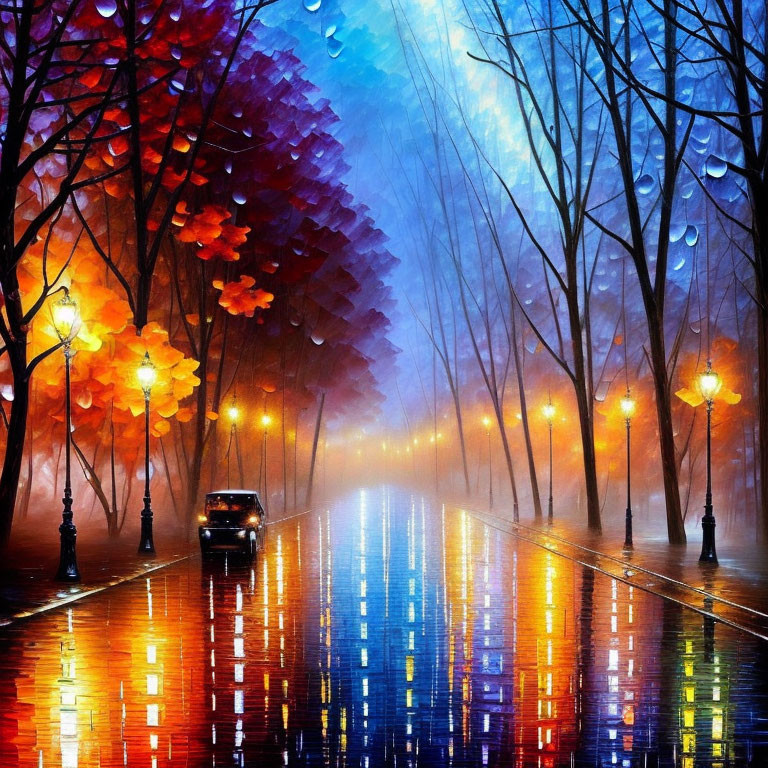 Colorful Autumn Trees and Glowing Street Lamps on Wet Street at Twilight