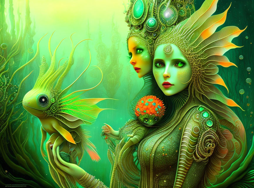 Ethereal fantasy artwork of two women with ocean-inspired headdresses and a stylized fish against a