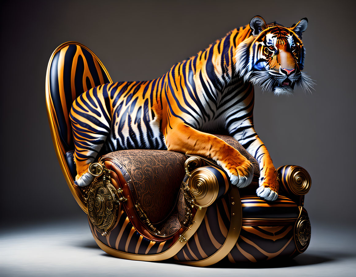 Majestic tiger on ornate gold-accented chair against gray backdrop