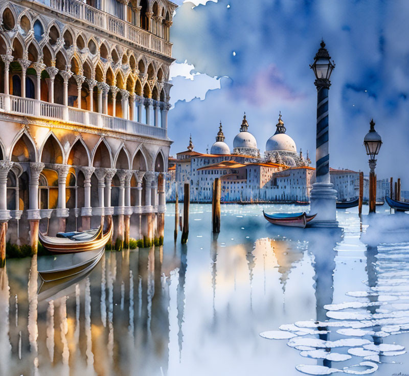 Historic Venetian landscape: architecture, boats, reflections, cloudy sky
