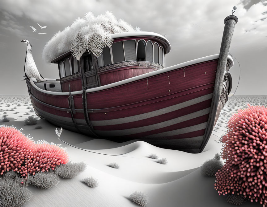 Monochrome image: Beached boat with surreal coral formations and seagull.