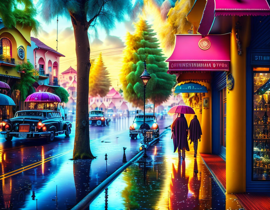 Vibrant twilight street scene with neon lights, vintage cars, and people under dreamlike sky